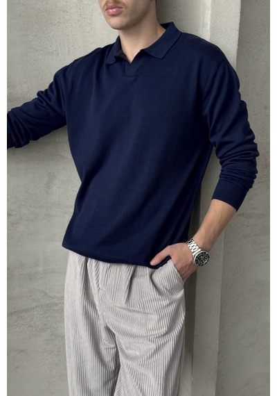 Erkek Pamuklu Polo Yaka Oversize Triko Kazak Lacivert