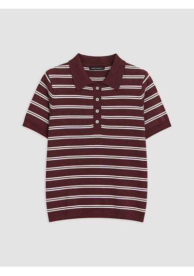 Lcw Modest Bordo Polo Yaka Çizgili Kadın Triko Kazak