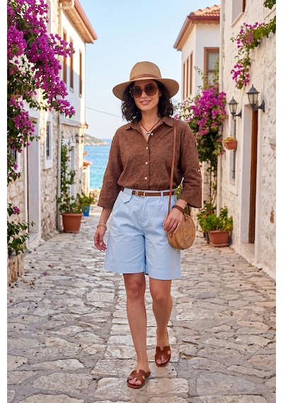 Lela Pamuklu Loose Fit Pileli Kemerli Bermuda Şort Bayan Şort 668yp5439 Mavi