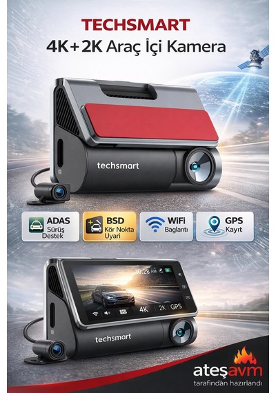 Techsmart 2 Kanal 4k + 2k Araç İçi Kamera Adas Bsd Wifi Gps Gece Görüşlü Dashcam