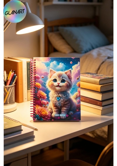 100 Yaprak Sevimli Kedi Desenli Orta Boy Sert Kapak Kareli Defter 17x24 Cırtlı