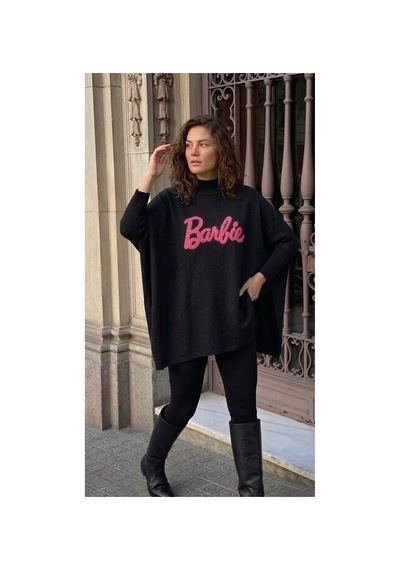 Onno Style Women Barbie Nakışlı Yırtmaçlı Triko Kadın Panço Siyah