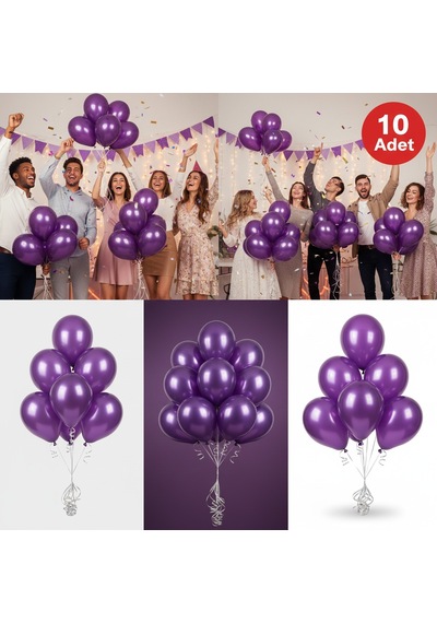 10 Adet Mor Parıltılı Metalik Balonlar Parti & Kutlama Paketi Diğer