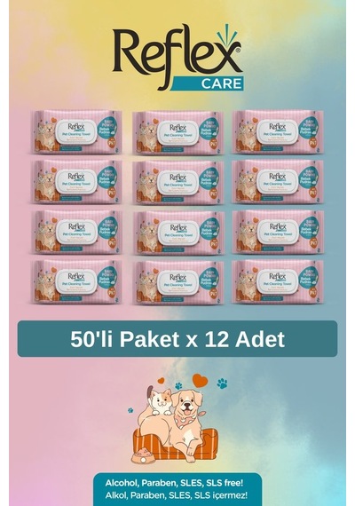 Reflex Care Evcil Hayvanlar İçin Çok Amaçlı Hijyenik Temizleme Mendili 50'li X 12 Adet Bebek Pudrası Kokulu