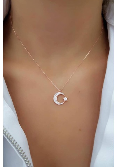 Ay Yıldız Figürlü Gümüş Zirkon Taşlı Kadın Kolye