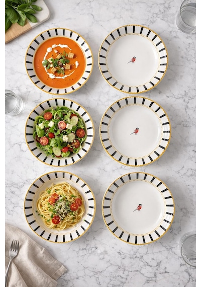 6 Lı Çukur Tabak Seti Siyah Şeritli Kuş Desenli Şık Yemek Tabağı & Modern Sofra Sunum Tabağı 19 Cm