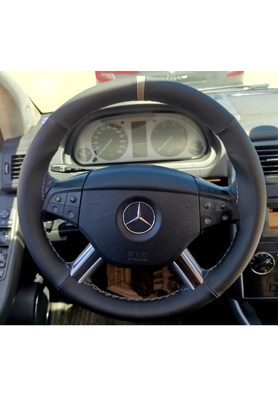 Dikişli Direksiyon Kılıfı Siyah Deri Noktalı Deri Gri Yüzük / Dikiş Mercedes B160 2011 Kasa Gri