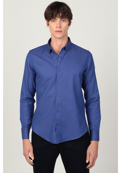 Tudors Slim Fit Uzun Kol Yaka Düğmeli Yaka İçi Biyeli Erkek Gömlek-26221 Saks