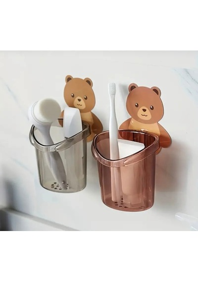 3 Lü Ayı Figürlü Diş Fırçalık Seti Yapışkanlı Duvara Yapışan Banyo Organizer Füme