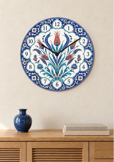 AA Shop Osmanlı İznik Çini Desenli Dekoratif Baskılı Ahşap Duvar Saati 45 Cm Sessiz Akar Mekanizma 885 Çoklu Renkli