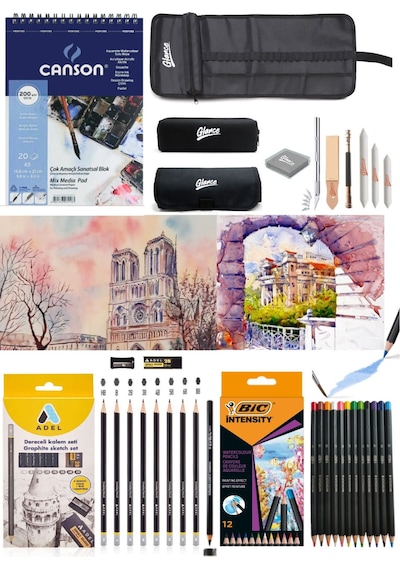 Canson Defter A5 200 Gr Adel Dereceli Kalem Seti 8'li Bic Aquarelle Kuru-suluboya Kalemi 12 Renk