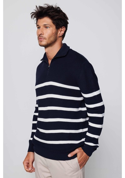 Tudors Erkek Slim Fit Fermuarlı Dik Yaka Çizgili Pamuklu Kazak-28901-multi Çok Renkli