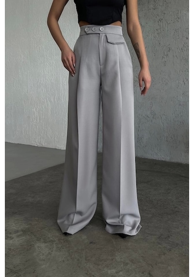 Defymoda Üç Düğme Detayli Palazzo Pantolon Gri