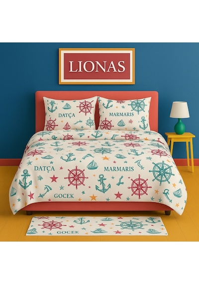 Lionas Çift Kişilik Desenli Nevresim + 2 Adet Kapaklı Yastık Kılıfı Pembe