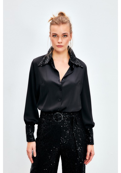 Sateen Payet Detaylı Saten Gömlek - Siyah-134117 Siyah