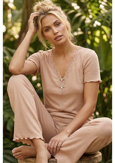 Siyah İnci Dantel Detaylı Fitilli Örme Pijama Takım 26120554 Sütlükahve