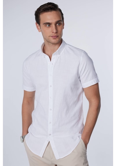 Tudors Slim Fit Kısa Kollu Düğmeli Yaka Düz Yazlık Keten Efekt Beyaz Erkek Gömlek-30965-beyaz Beyaz