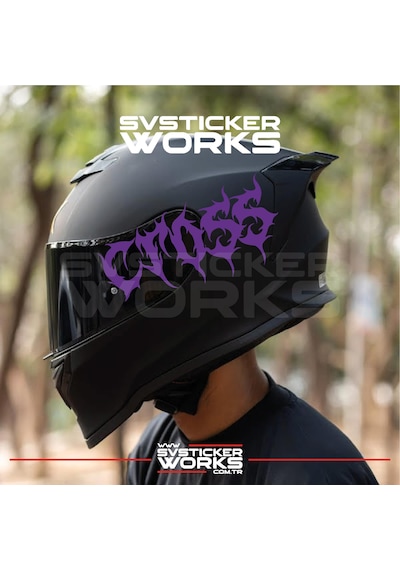 Cross Yazılı Kask Sticker Tüm Kasklar Uyumlu Tek Yön 1 Adet Mor