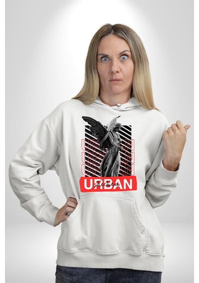 Şehir Sokak Stili Melek Heykeli Kadın Erkek Beyaz Kapüşonlu Sweatshirt Hoodie Beyaz