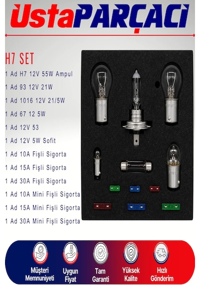 H7 Acil Yol Seti 12v Araç Ampul Ve Sigorta Seti Far Stop Park Sofit Ampul + Blade Sigorta Seyahat Güvenlik Kiti