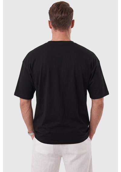 Deepsea Erkek %100 Pamuk Oversize Geniş Kesim Bisiklet Yaka Basic Siyah Tişört 2604362