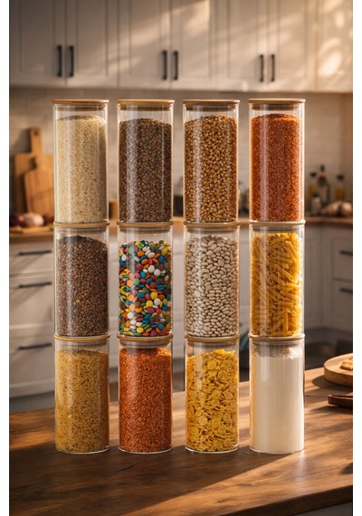 Porsima 3-4 Bambu Vakumlu Kapaklı Yuvarlak Cam 12li Kavanoz Seti Saklama Kabı 1650ml 10x25cm