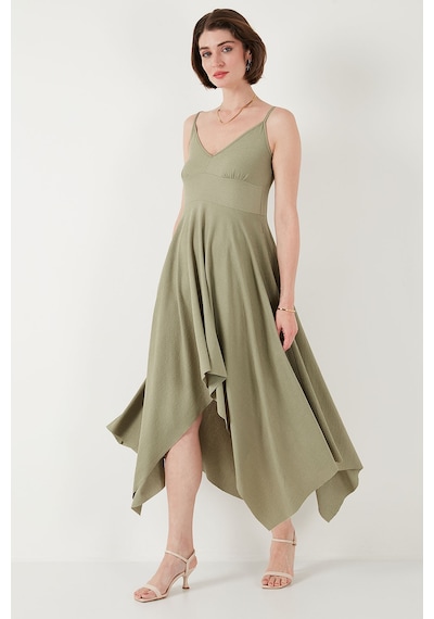 Lela Asimetrik Kesim Regular Fit Midi Boy Askılı V Yaka Bayan Elbise 5866131 Olive