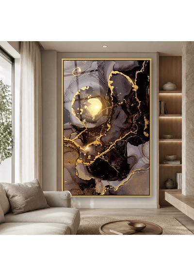 Siyah Füme Altın Halkalar Gold Çerçeveli Cam Tablo