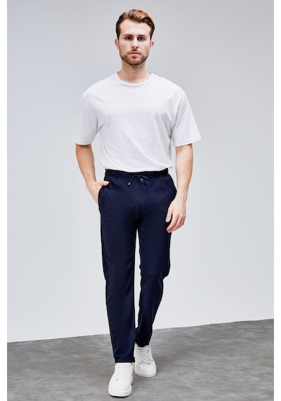 HLT Jeans Erkek Lacivert Relaxed Fit Yandan Cepli Beli Lastikli Bağcıklı Duble Paça Jogger Pantolon Bolt-1997 Lacivert