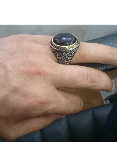 Oval Siyah Oniks Taşlı Simetrik Desen Gümüş Erkek Yüzük