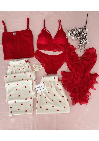 Mh Moony Homewears 6'lı Kutulu Beste Pijama İç Giyim Çeyiz Seti Kırmızı