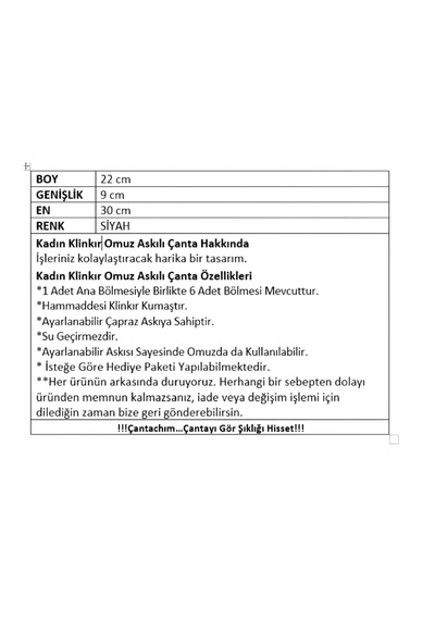 Kadın Çantası Klinkıl Omuz Askılı Siyah Siyah