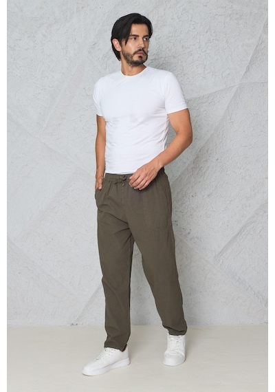 Blayn Jeans Erkek Haki Jogger Pantolon Beli Lastikli Bağcıklı %100 Pamuk Keten Baggy Rahat Günlük Pantolon