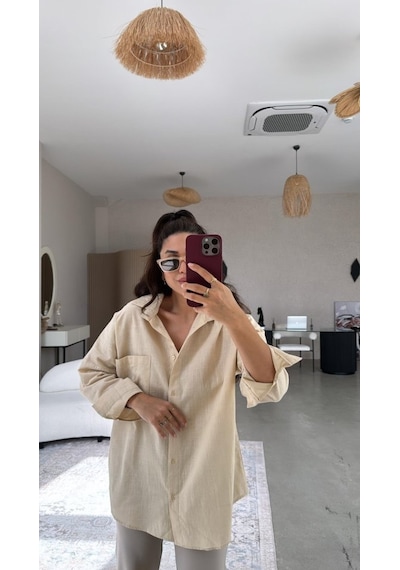 Etiler Collection Kadın Tek Cepli Over Size Ketem Gömlek Vizon