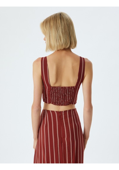 Koton Koton X Melis Ağazat - Crop Büstiyer V Yaka Viskon Gipeli Slim Fit Kahverengi Çizgili 4sak30144ew