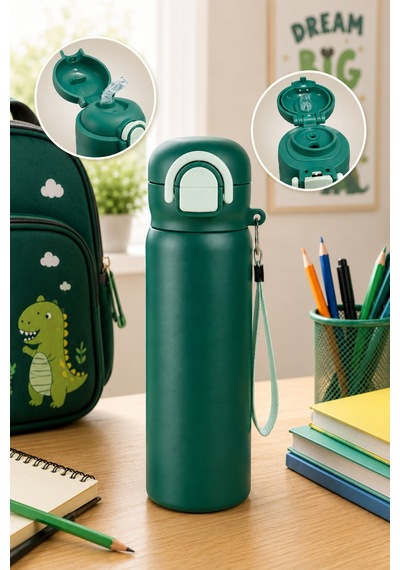 Paslanmaz Çelik Gövde Suluk & Matara 600 Ml Çift Kullanım Pipetli & Pipetsiz Yeşil - 917903500 Yeşil