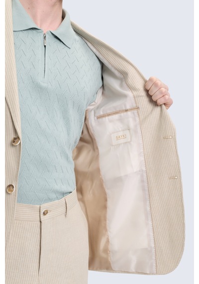 Hatemoğlu Bej Slim Fit Mono Yaka Keten Casual Takım Elbise