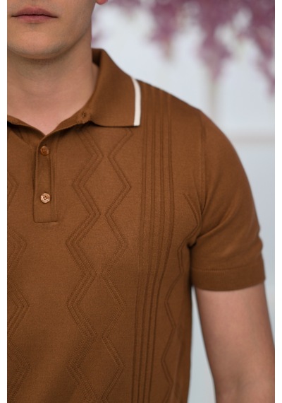 Advante Slimfit Kolları Lastikli Likralı Desenli Polo Yaka Triko T-shirt Taba