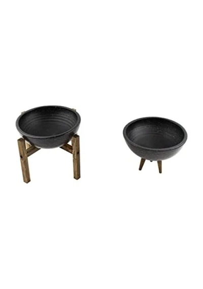İkili Set Siyah Granit 20 Cm Çapında 3-4 Ayaklı Bitki Saksısı