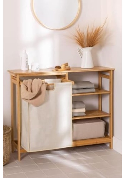 Ayrex Digithome Bambu 3 Raflı 1 Bölmeli Kirli Sepetli Banyo Düzenleyici Çamaşır Sepeti Organizer Db-0008 Diğer