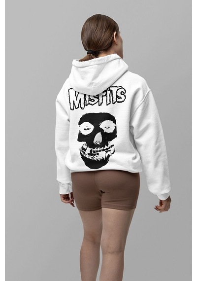 Sevbano Misfits Müzik Grubu Baskılı Unisex Oversize Rock Metal Hoodie Beyaz