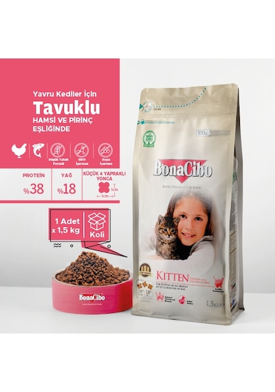Bonacibo Kitten Tavuklu Hamsi ve Pirinç Eşliğinde Yavru Kedi Maması 1500 G