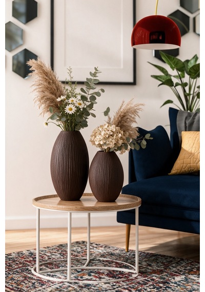 Coconut Hindistan Cevizi Dokulu Dekoratif 2'li Vazo Set - 20 Cm Pla - Salon Ve Masaüstü Vazo - Acı Kahve