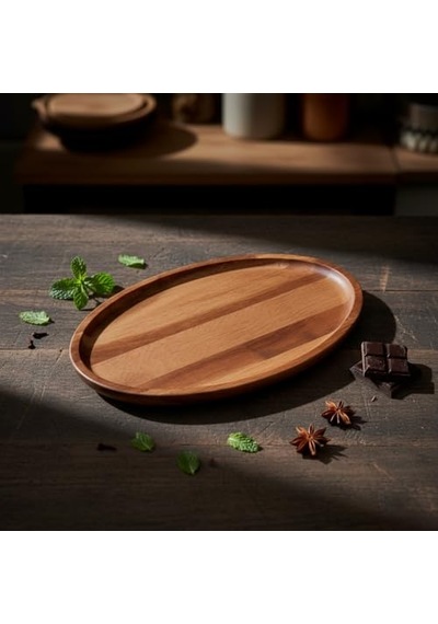 Akasya Ağacı Oval Sunum Tabağı 28x18 Cm Yükseltilmiş Kenarlı Doğal Ahşap Servis Tepsisi Kahve, Peynir Ve Diğer