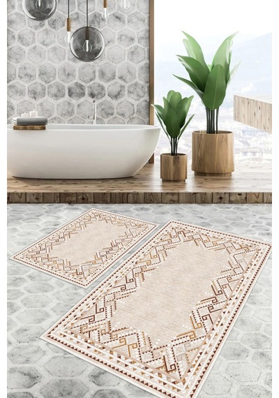 Dijital Baskı Kilim Desen Kaymaz Taban 2li Set Banyo Paspası Klozet Takımı 50x60cm-60x100cm Krem