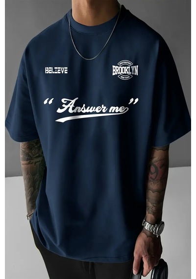 Unisex Answer Baskılı Oversize Tshirt Lacivert
