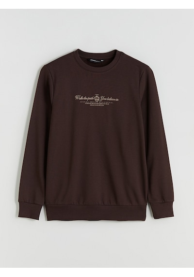 Lcwaıkıkı Classic Kahverengi Standart Kalıp Bisiklet Yaka Baskılı Erkek Kalın Sweatshirt