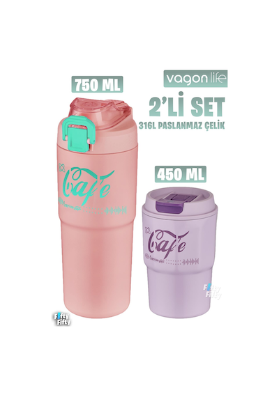 Vagonlife 2'li Çelik Termos-kahve Bardağı Seti 750ml Çift Kullanım Termos//450ml Mug Kahve Bardağı Pembe - Mor