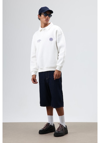 Vamos Polo Yaka Oversize Baskılı Yıkamalı Sweatshirt Ekru