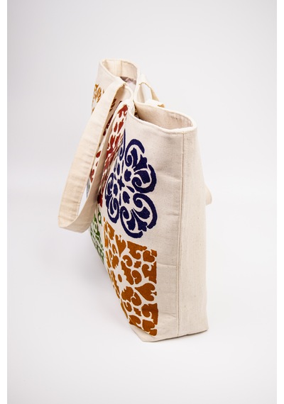 Fabric Craft Bag Kanvas Plaj Çantası Büyük Boy Astarlı Desenli Omuz Çantası Küçük Çantalı 50x35 Krem